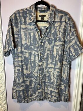 Eddie Bauer Blue and Cream Short-Sleeve Button-Down Linen/Cotton Camp Shirt